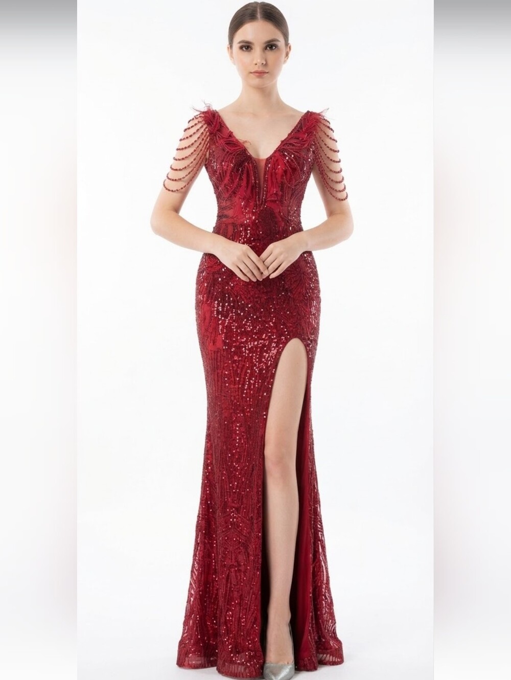 Red, Geo Print,  Ostrich Feather V Neck,  Beaded Sleeves, Sequined Mermaid Gown